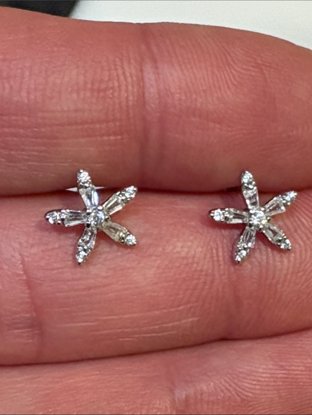 Silver Starburst CZ Stud Earrings - Sparkling White, surgical steel post.